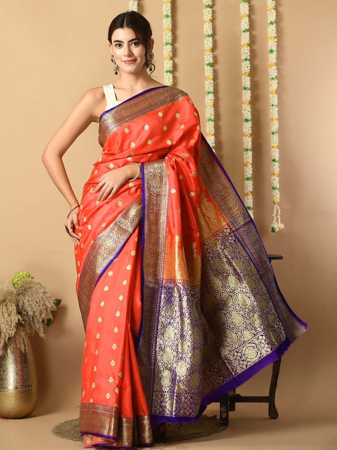 Orange Banarasi Satin Silk Saree