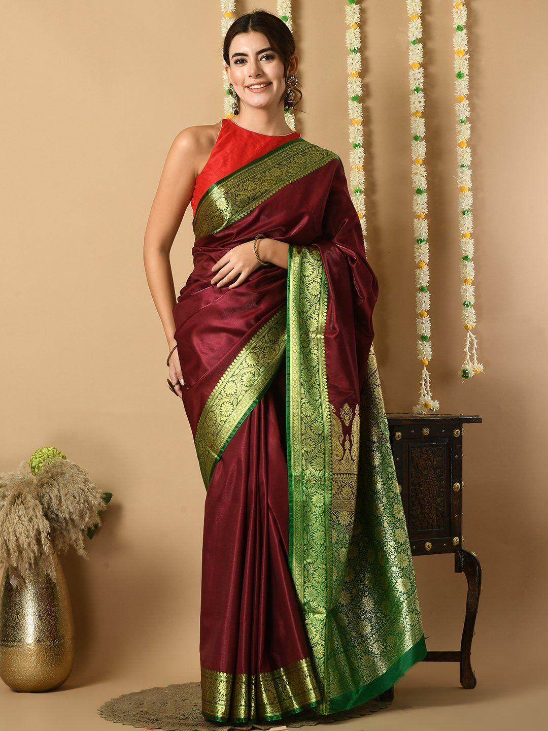 Brown Satin Banarasi Saree